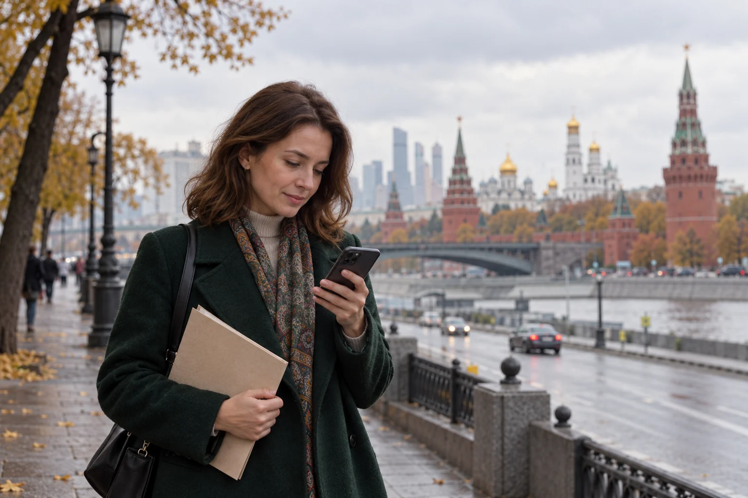 Иллюстрация поиска врача в Москве: женщина с телефоном и папкой